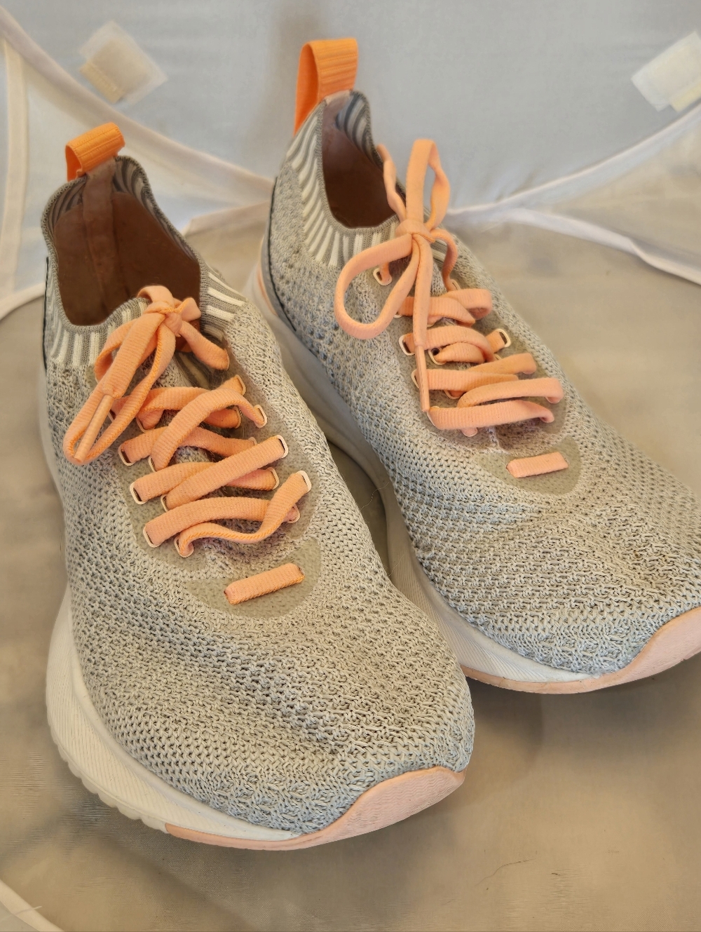 New Balance Gray Knit Athletic Sneakers with Coral Accents
